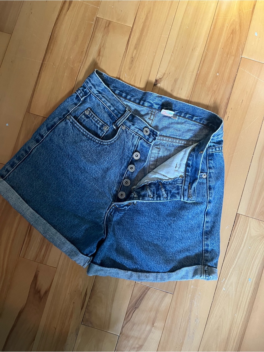 High-Rise Button-Fly Denim Shorts in Blue